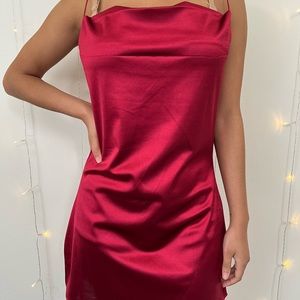 Red spaghetti strap satin dress - runs small